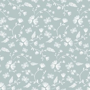 Monotone flowers. Floral kids clothes. Pale blue green wildflowers. 