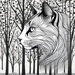 18'' Cat Spirit in the Forest Black and White Illustration | Cat Art