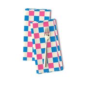 Small scale / Bright pink and blue 1 inch checkerboard squares on cream / Vintage 60s geometric kitchen tiles / fun 70s picnic checks box grid in hot rose fuchsia rich sapphire warm off white light beige ivory blender