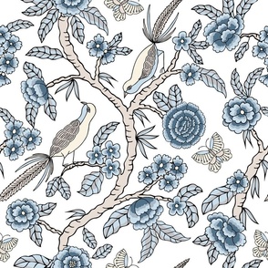 Historic Traditional Chinoiserie trailing florals in indigo blue and ivory for bedroom wallpaper