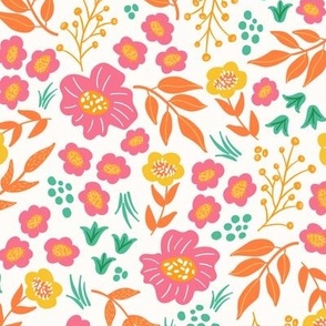 Retro Orange, Yellow, Pink and Teal Floral on an Off White Background