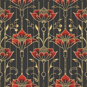 red art deco floral grey