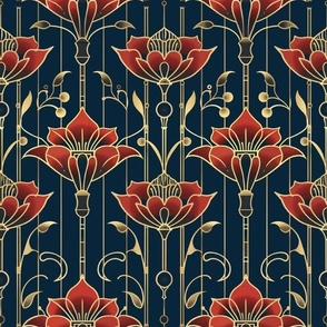 red art deco floral navy