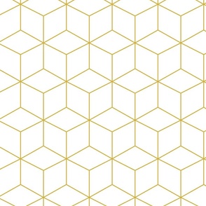 Gold Cube Outline on White - 1920s Art Deco Vintage Modern Glamour Duotone - Simple Geometric Diamond Tiled Shapes in Ceylon Yellow