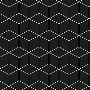 White Cube Outline on Black - Monochromatic 1920s Art Deco Vintage Modern Glamour - Simple Geometric Diamond Tiled Shapes