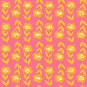 Retro Simple Orange and Yellow Floral on a Hot Pink Background