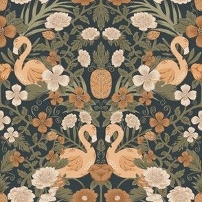 Small Heritage Flamingo Floral Damask (Navy Blue and Peach)(6")