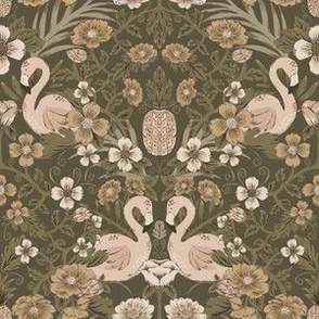 Small Heritage Flamingo Floral Damask (Neutrals - Beige and Green)(6")