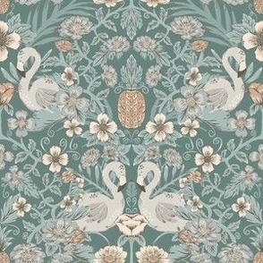 Small Heritage Flamingo Floral Damask (Teal Blue)(6")