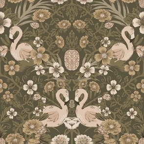Large Heritage Flamingo Floral Damask (Neutrals - Beige and Green)(10.5"/12")
