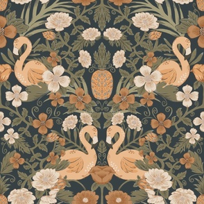 Jumbo Heritage Flamingo Floral Damask (Navy Blue and Peach)(24")