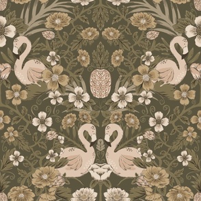 Jumbo Heritage Flamingo Floral Damask (Neutrals - Beige and Green)(24")