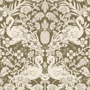 Small Heritage Flamingo Floral Damask (Earthy Green)(6")