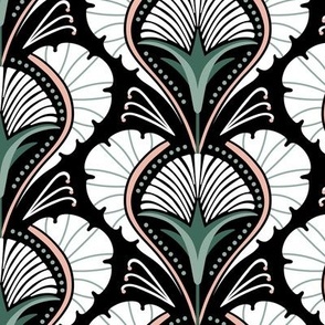 Regency - Art Deco Fan Flower Botanical Damask Black White Sage Pink Regular