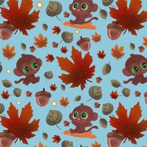 Green Eyed Little Monkeys, Fall Leaves, and Acorns: Large Scale Light Blue