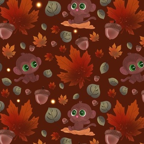 Green Eyed Little Monkeys, Fall Leaves, and Acorns: Large Scale Dark Brown