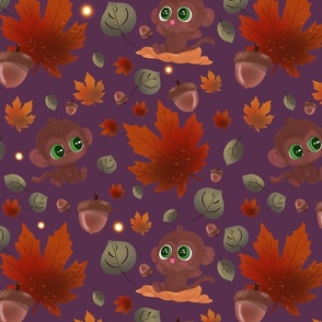 Green Eyed Little Monkeys, Fall Leaves, and Acorns: Large Scale Dark Purple