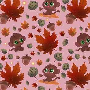 Green Eyed Little Monkeys, Fall Leaves, and Acorns: Large Scale Pink