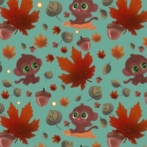 Green Eyed Little Monkeys, Fall Leaves, and Acorns: Large Scale Green