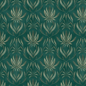 (M) Distressed Golden Vintage Glamour Damask-Golden And Rich Emerald Green