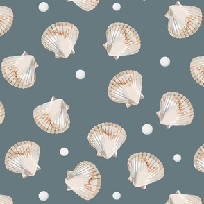  scattered watercolor seashells and polka dots on a  cool-toned slate blue / Providence Blue - medium scale