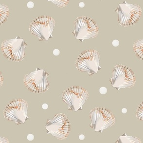  scattered watercolor seashells and polka dots on a neutral beige / Coastal Fog - medium scale