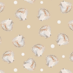  scattered watercolor seashells and polka dots on a powdery neutral sand / Alpaca - medium scale