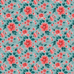 Watercolor Red Flowers in Light Teal - 24" repeat