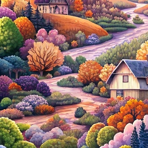 Purple Orange Fall Sunset Landscape - Cottagecore Cozy Shabby Chic Inspired Autumn Forest