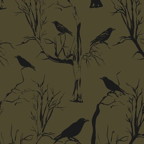 Jumbo Ravens on Fall Trees (Black and Dark Green)(24")