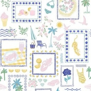 Small Summervibes - patchwork style fabric with shellfish palms crabs lobster swimsuit shells swimwear flowers ice creams and waves - beachy fun painterly summer style