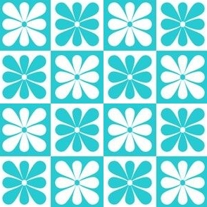 Checkerboard Flowers - Aqua and White (S) 1.5” checks