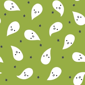 (L) Cute Halloween Ghosts on Green