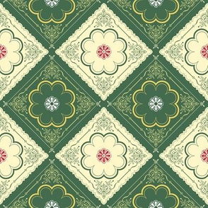 Victorian Floral Pattern Green and Ivory Diagonal