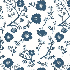 Floral Vignettes in Blue and Off-White (Medium Size)