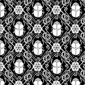Egyptian Hollywood Glamour with Snakes, Scarabs, and Diamond Geometric Lines Silhouettes  – Art Deco, Vintage, Luxe, Exotic, 1940s Inspired, Decorative Design - Black, White, Gold for Metallic Wallpaper