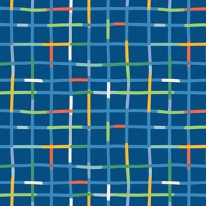 Medium - Multi-colored abstract modern check in Blue with red, yellow and green