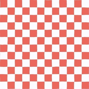Hand Drawn Checks - Imperfect Checkerboard Squares - Coral Red on Bone White - 6x6 inch repeat