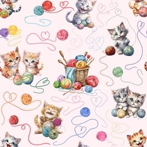 Playful Kittens Love Yarn on Pink