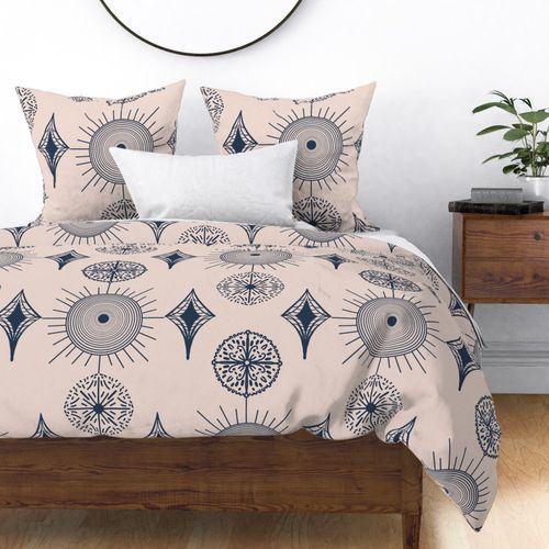 Celestial Geometry: Vintage Sun, Stars, Navy Blue, Blush Pink, Large