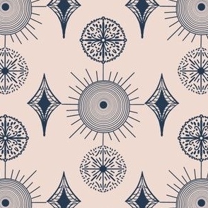 Celestial Geometry: Vintage Sun, Stars, Navy Blue,Blush Pink, Small