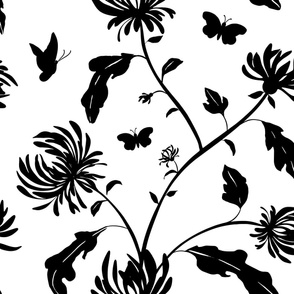 vintage chrysanthemum chinoiserie maximalist aesthetic black and white (large scale)