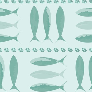 (L) watercolor  gsea green  sardines fish Portuguese style tiles