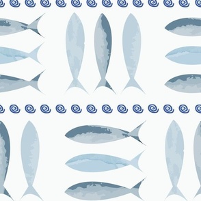 (M) watercolor  grey blue sardines fish Portuguese style tiles on off white 