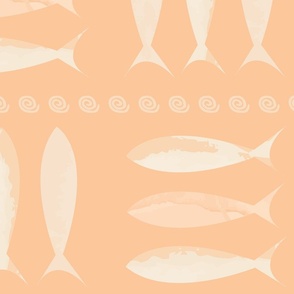 (M) watercolor  peach fuzz  and cream sardines fish Portuguese style tile