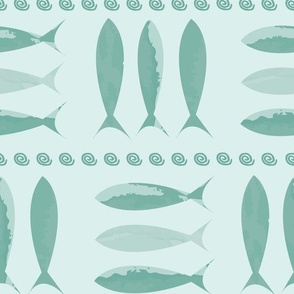 (M)  watercolor  sea green sardines fish Portuguese style tiles