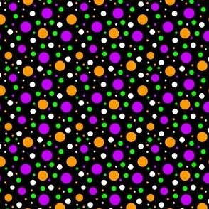 Tiny Halloween confetti, bright green, orange and purple dots on black, mini micro tiny scale