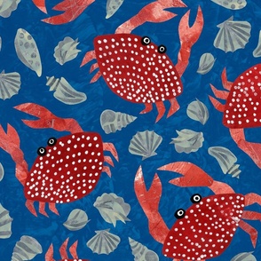 Crab and Seashells - Large Scale - Dark Blue Beachy Beach Sea Shell Crustacean Paper Cut Collage