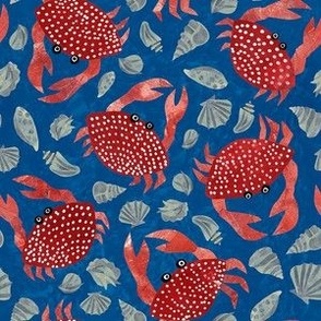 Crab and Seashells - Small  Scale - Dark Blue Beachy Beach Sea Shell Crustacean Paper Cut Collage