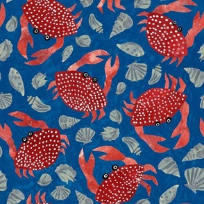 Crab and Seashells - Medium Scale - Dark Blue Beachy Beach Sea Shell Crustacean Paper Cut Collage